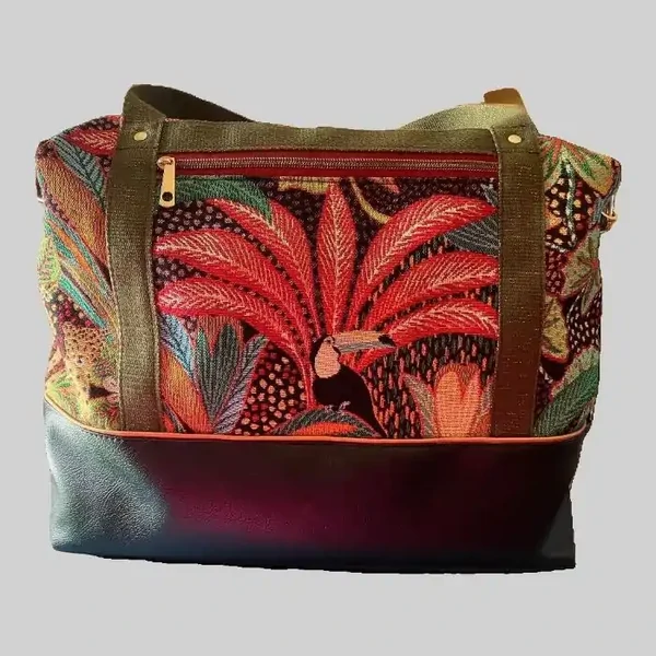 Sac de voyage artisanal Toucan – Grand sac week-end en jacquard tropical et simili cuir noir