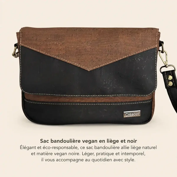 Sac à main AUGUSTINA en liège végétalien noir et marron- Fabrication artisanale française