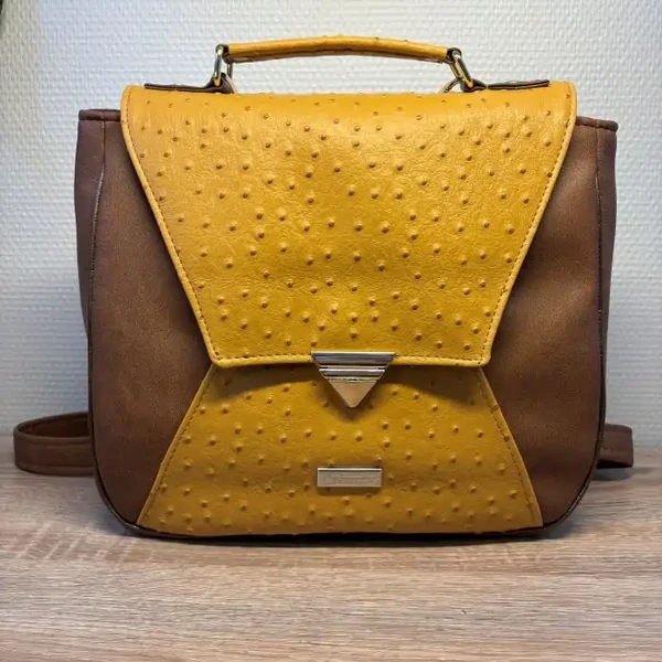 Sac à dos ELOISE en cuir écologique marron et jaune- Fabrication artisanale française