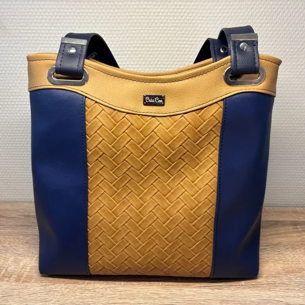 Sac tote-bag GRACIE en cuir écologique bleu marine et Camel tressé- Fabrication artisanale française