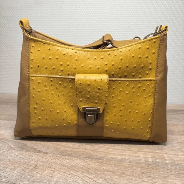 Sac à main JOCELYN similicuir camel et similicuir jaune piqué- Fabrication artisanale française