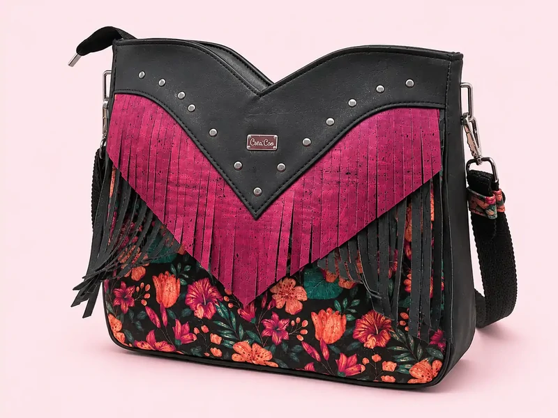 Sac à main femme noir et fuchsia en liège végétal à franges – Création artisanale française
