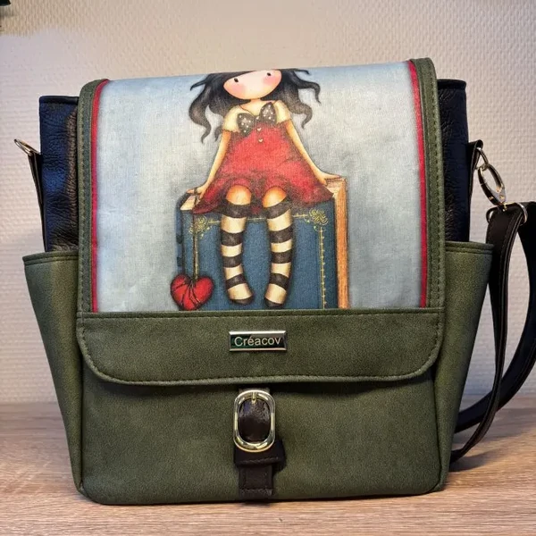 Sac besace GINA en cuir écologique vert et noir- Fabrication artisanale française