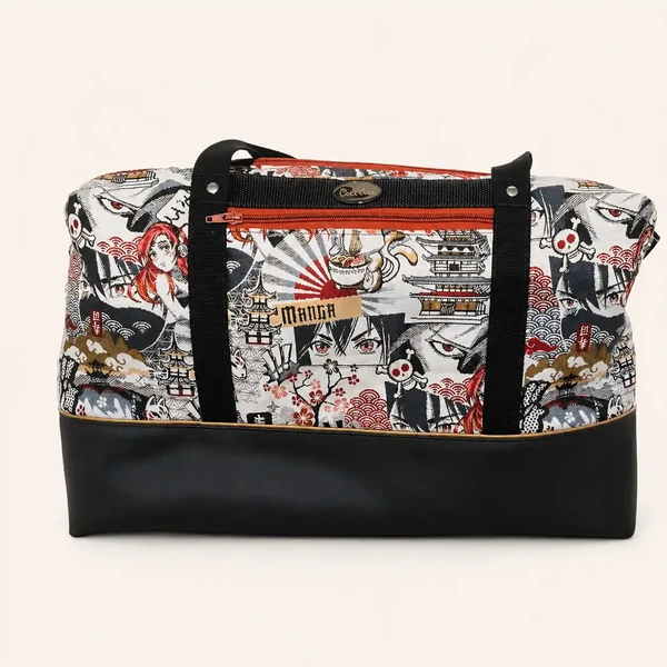 Sac de voyage artisanal Manga Japonais – Grand sac week-end en jacquard et simili cuir noir