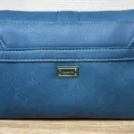 Sac à main femme en cuir écologique. Couleur bleu canard. Format pochette compacte. Porté bandoulière. Arrière du sac.