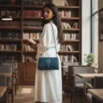 Sac à main femme en cuir écologique. Couleur bleu canard. Format pochette compacte. Porté bandoulière. Porté par mannequin.