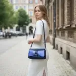 Sac à main femme en liège végétalien. Couleur bleu marine et empiècement noir piqué brillant. Format pochette compacte. Porté bandoulière. Porté par mannequin.