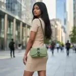 Sac à main femme en cuir écologique. Couleur duo de vert. Format pochette compacte. Porté bandoulière. Porté par un mannequin IA.