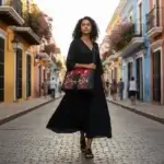 sac de créateur rn liège végétalien, rouge, noir, motif feuille. Porté par mannequin IA