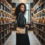 Sac à main de fabrication artisanale en liège végétal beige naturel et imprimé arabesque blanc. Modèle avec rabat et bandoulière réglable. Portée par mannequin IA.