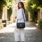 sac à main pour femme en cuir écologique haut de gamme noir. Porté par un mannequin IA