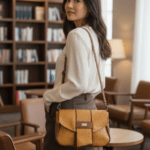 sac à main pour femme en cuir écologique haut de gamme jaune moutarde et marron clair. Vue portée par un mannequin IA