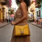 Sac à main de créateur en cuir écologique marron clair et jaune touché peau d'autruche. Vue porté en bandoulière par un mannequin IA.